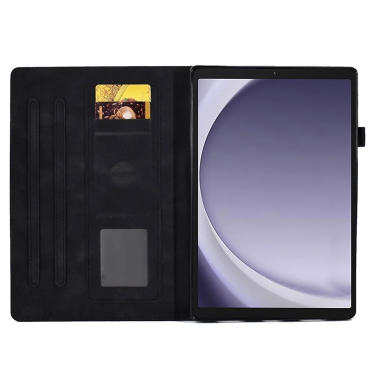For Samsung Galaxy Tab A9 Smile Imprinted Case Microfiber Leather Card Holder Smart Tablet Cover - Black