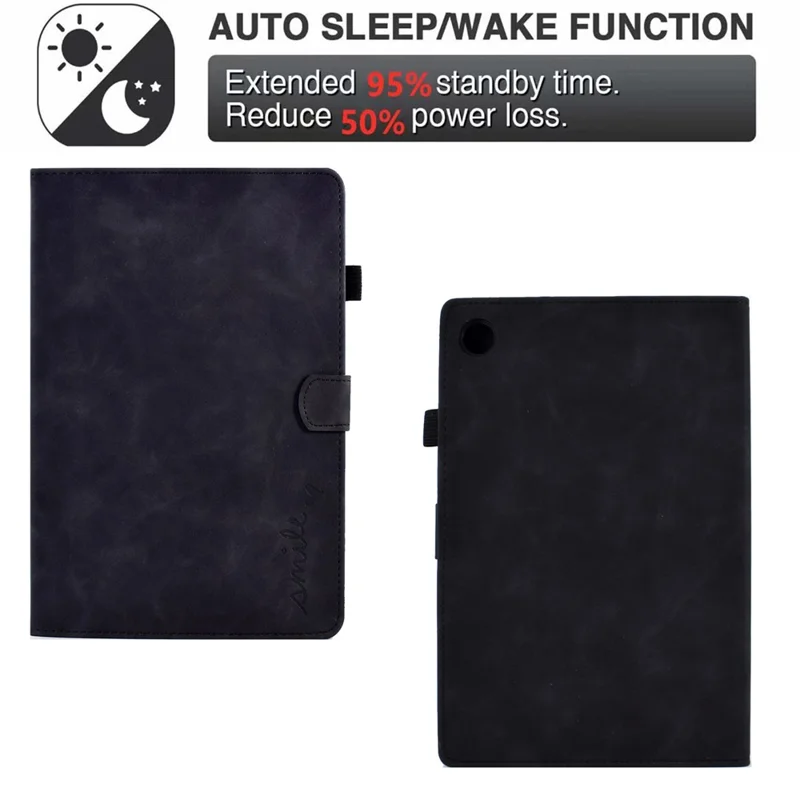 For Samsung Galaxy Tab A9 Smile Imprinted Case Microfiber Leather Card Holder Smart Tablet Cover - Black
