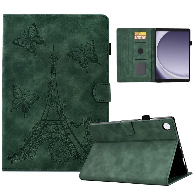 For Samsung Galaxy Tab A11 / A9 Microfiber Leather Case Iron Tower Imprinted Smart Tablet Cover - Green