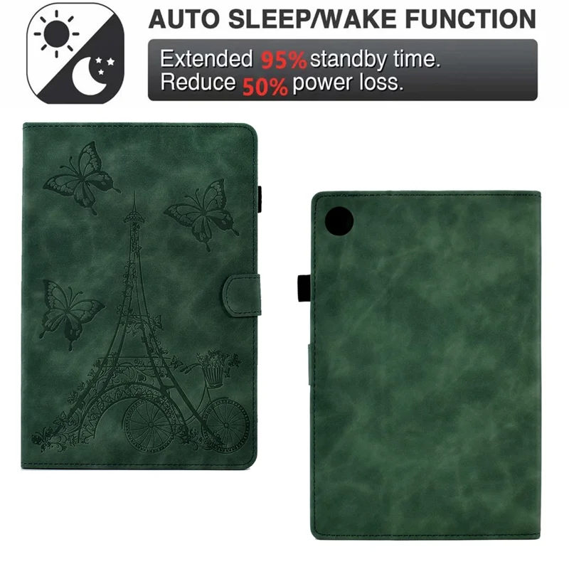 For Samsung Galaxy Tab A11 / A9 Microfiber Leather Case Iron Tower Imprinted Smart Tablet Cover - Green