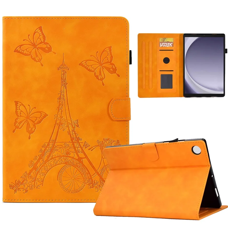 For Samsung Galaxy Tab A9 Microfiber Leather Case Iron Tower Imprinted Smart Tablet Cover - Khaki