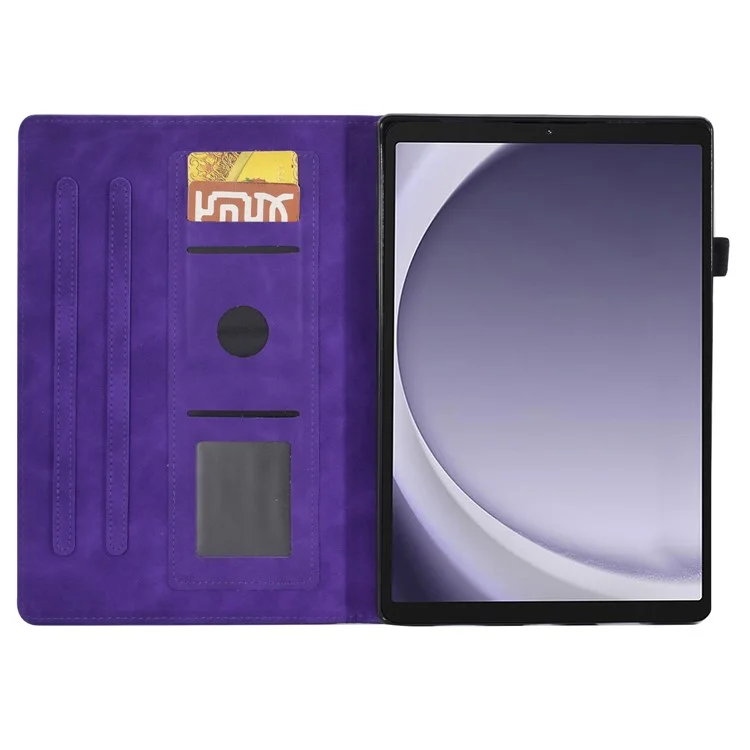 Pour Samsung Galaxy Tab A9+ Boîtier en cuir microfibre avec tour de l'acier imprimé Fente pour carte Étui intelligent de tablette - Violet