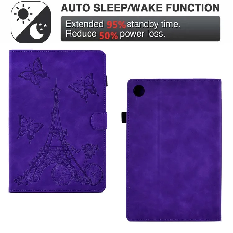 Pour Samsung Galaxy Tab A9+ Boîtier en cuir microfibre avec tour de l'acier imprimé Fente pour carte Étui intelligent de tablette - Violet