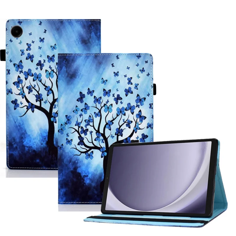 For Samsung Galaxy Tab A11+ / A9+ PU Leather Stand Cover Elastic Band Pattern Printing Tablet Case - Butterfly and Tree