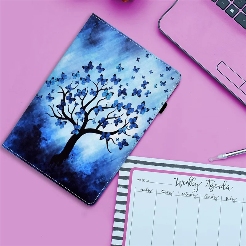 For Samsung Galaxy Tab A11+ / A9+ PU Leather Stand Cover Elastic Band Pattern Printing Tablet Case - Butterfly and Tree