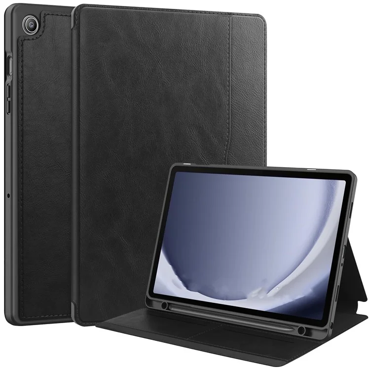 For Samsung Galaxy Tab A9+ Case Shockproof Card Slot PU Tablet Cover with Stand - Black