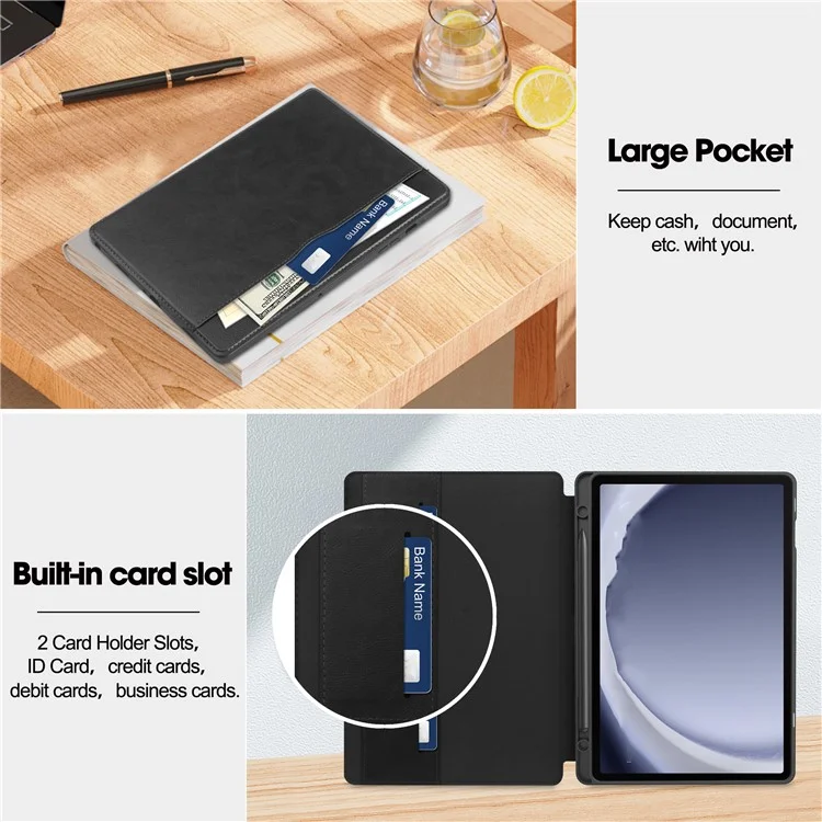 For Samsung Galaxy Tab A9+ Case Shockproof Card Slot PU Tablet Cover with Stand - Black