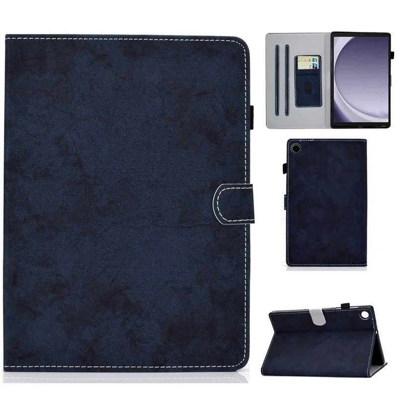 Capa de Couro para Samsung Galaxy Tab A9 com Textura de Tecido e Suporte para Cartões - Preto