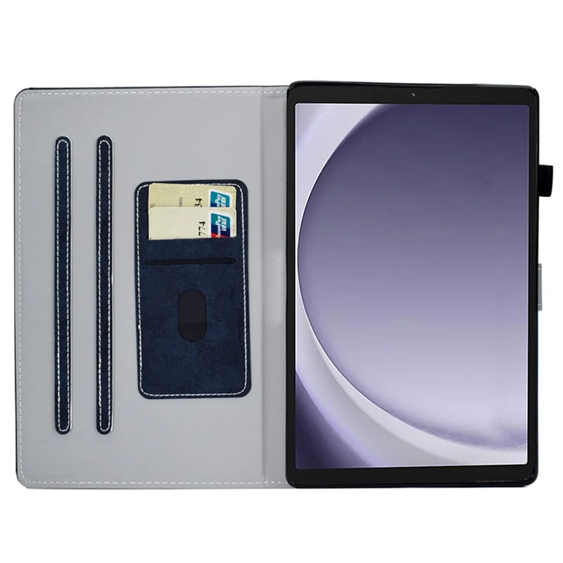 Capa de Couro para Samsung Galaxy Tab A9 com Textura de Tecido e Suporte para Cartões - Preto