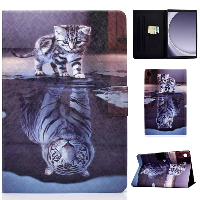 For Samsung Galaxy Tab A9 Case Card Slots Stand Tablet Leather Cover - Cat and Tiger