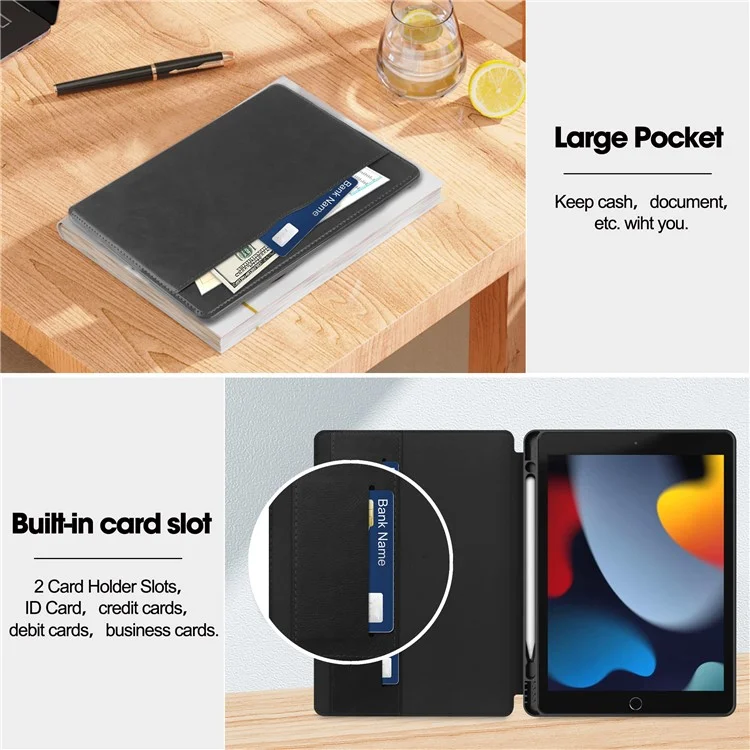 Чехол для iPad 10.2 (2019) / (2020) / (2021) из искусственной кожи со стойкой, с автоматическим режимом ожидания/пробуждения и держателем для карт - черный
