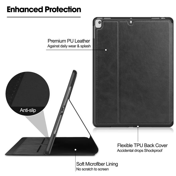 Чехол для iPad 10.2 (2019) / (2020) / (2021) из искусственной кожи со стойкой, с автоматическим режимом ожидания/пробуждения и держателем для карт - черный