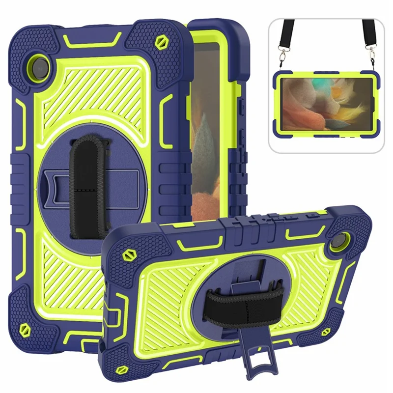 For Samsung Galaxy Tab A11 / A9 Rugged Kickstand Case Silicone+PC Tablet Cover with Wrist Band / Shoulder Strap - Navy Blue+Yellow Green