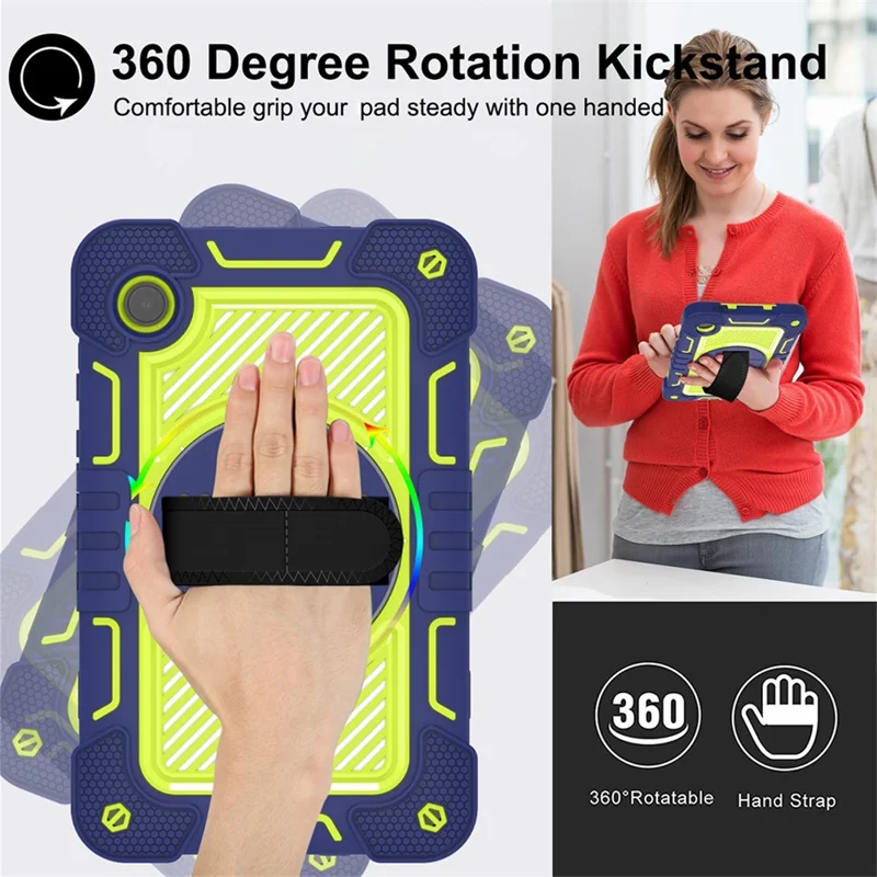 For Samsung Galaxy Tab A11 / A9 Rugged Kickstand Case Silicone+PC Tablet Cover with Wrist Band / Shoulder Strap - Navy Blue+Yellow Green