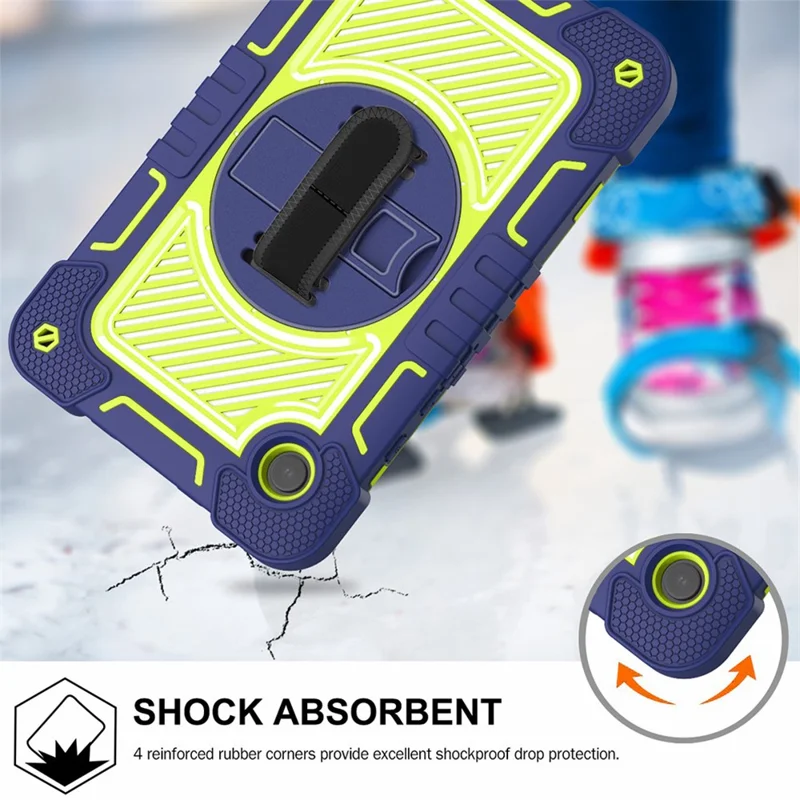For Samsung Galaxy Tab A11 / A9 Rugged Kickstand Case Silicone+PC Tablet Cover with Wrist Band / Shoulder Strap - Navy Blue+Yellow Green