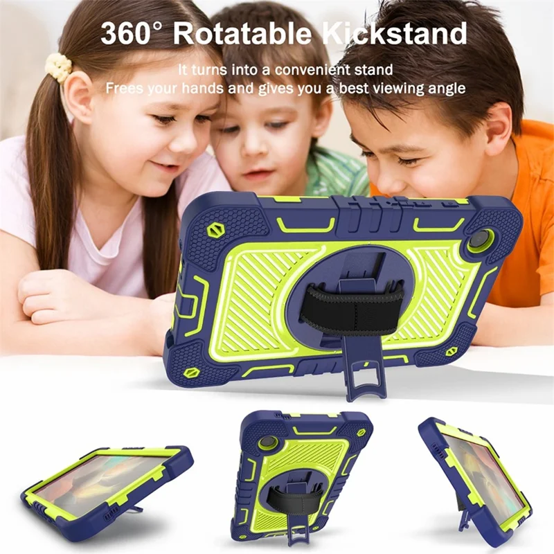 For Samsung Galaxy Tab A11 / A9 Rugged Kickstand Case Silicone+PC Tablet Cover with Wrist Band / Shoulder Strap - Navy Blue+Yellow Green