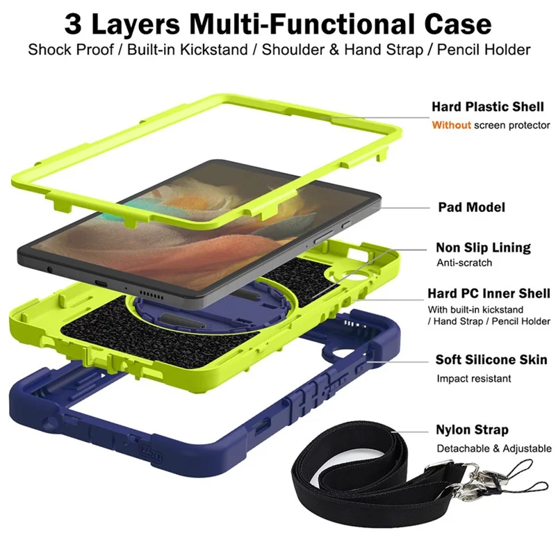 For Samsung Galaxy Tab A11 / A9 Rugged Kickstand Case Silicone+PC Tablet Cover with Wrist Band / Shoulder Strap - Navy Blue+Yellow Green