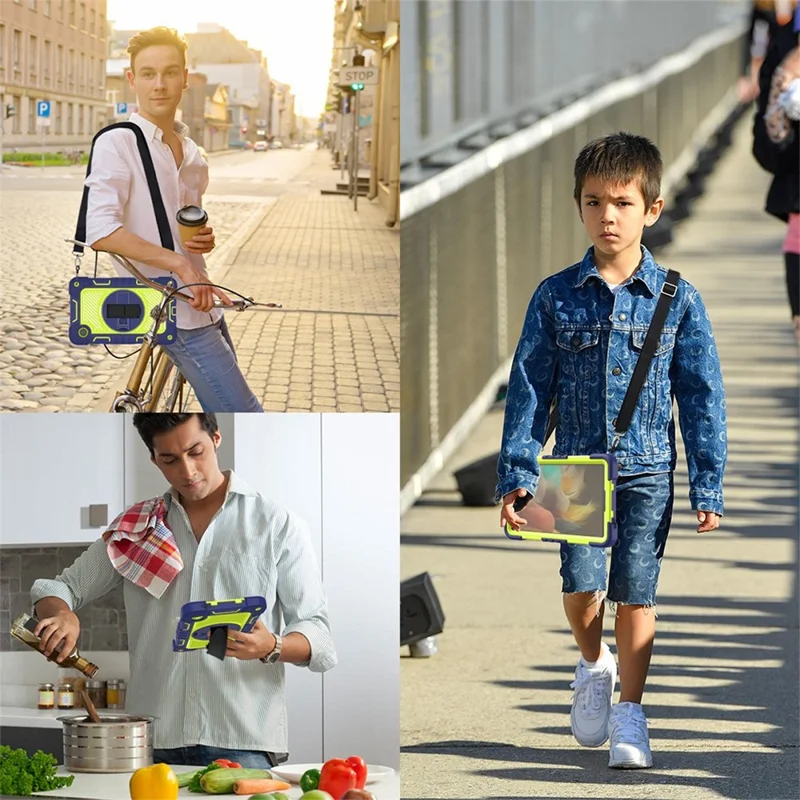 For Samsung Galaxy Tab A11 / A9 Rugged Kickstand Case Silicone+PC Tablet Cover with Wrist Band / Shoulder Strap - Navy Blue+Yellow Green