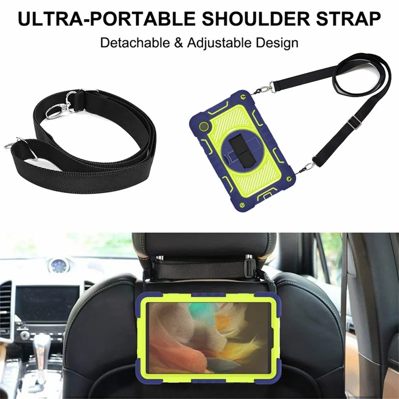 For Samsung Galaxy Tab A11 / A9 Rugged Kickstand Case Silicone+PC Tablet Cover with Wrist Band / Shoulder Strap - Navy Blue+Yellow Green