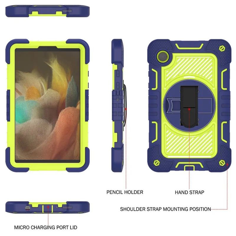 For Samsung Galaxy Tab A11 / A9 Rugged Kickstand Case Silicone+PC Tablet Cover with Wrist Band / Shoulder Strap - Navy Blue+Yellow Green