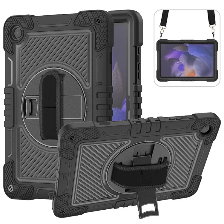 Per Samsung Galaxy Tab A9+ Custodia con supporto Silicone+PC Custodia protettiva con cinturino per polso / cinghia per spalla - Tutto Nero