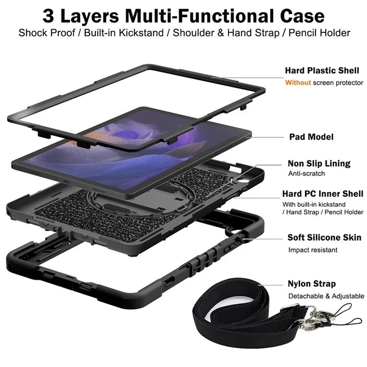 Per Samsung Galaxy Tab A9+ Custodia con supporto Silicone+PC Custodia protettiva con cinturino per polso / cinghia per spalla - Tutto Nero