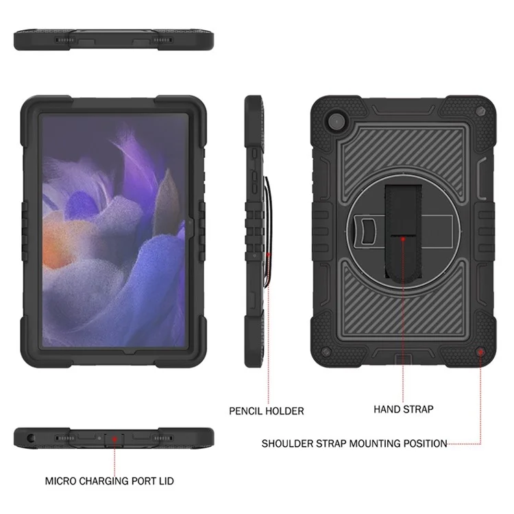 Per Samsung Galaxy Tab A9+ Custodia con supporto Silicone+PC Custodia protettiva con cinturino per polso / cinghia per spalla - Tutto Nero