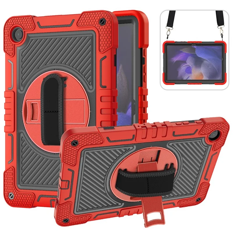 For Samsung Galaxy Tab A11+ / A9+ Kickstand Case Silicone+PC Protective Cover with Wrist Band / Shoulder Strap - Red+Black