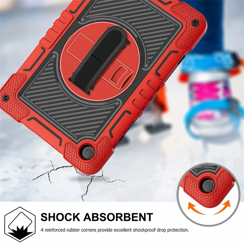 For Samsung Galaxy Tab A11+ / A9+ Kickstand Case Silicone+PC Protective Cover with Wrist Band / Shoulder Strap - Red+Black