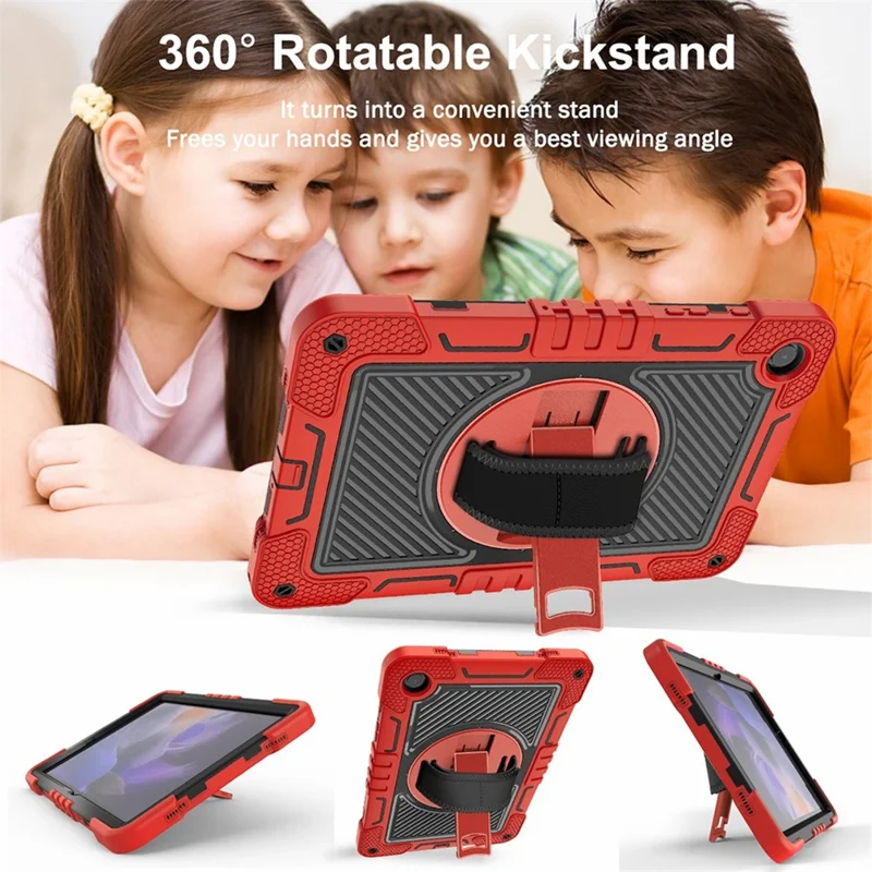 For Samsung Galaxy Tab A11+ / A9+ Kickstand Case Silicone+PC Protective Cover with Wrist Band / Shoulder Strap - Red+Black