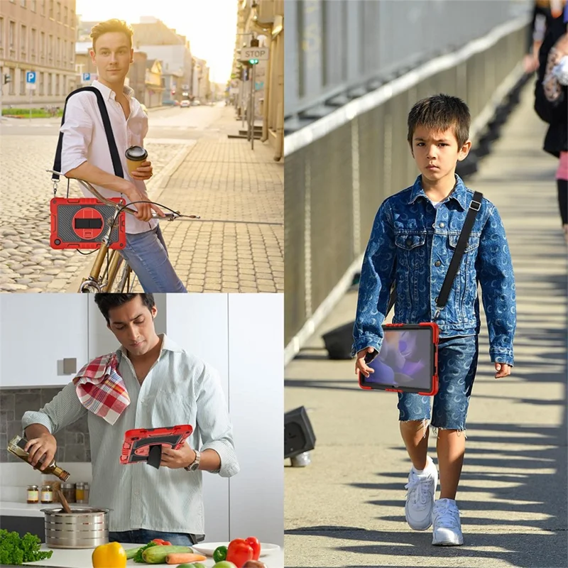 For Samsung Galaxy Tab A11+ / A9+ Kickstand Case Silicone+PC Protective Cover with Wrist Band / Shoulder Strap - Red+Black