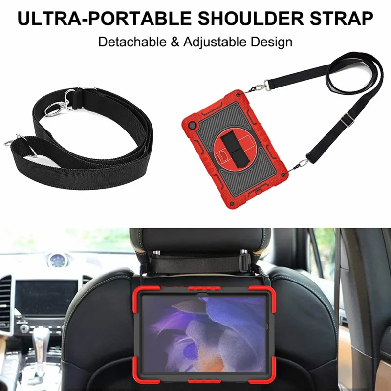 For Samsung Galaxy Tab A11+ / A9+ Kickstand Case Silicone+PC Protective Cover with Wrist Band / Shoulder Strap - Red+Black