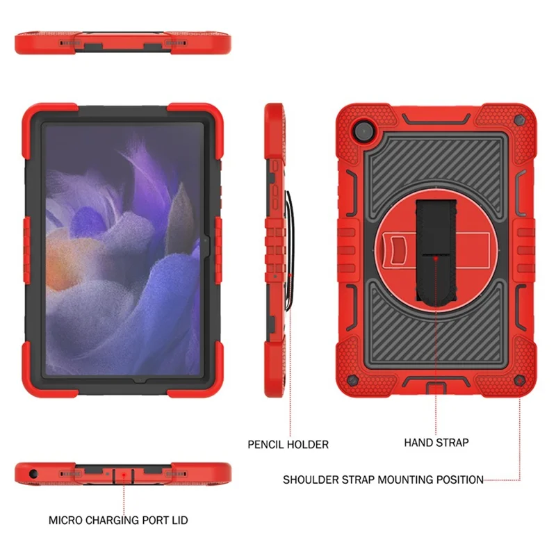 For Samsung Galaxy Tab A11+ / A9+ Kickstand Case Silicone+PC Protective Cover with Wrist Band / Shoulder Strap - Red+Black