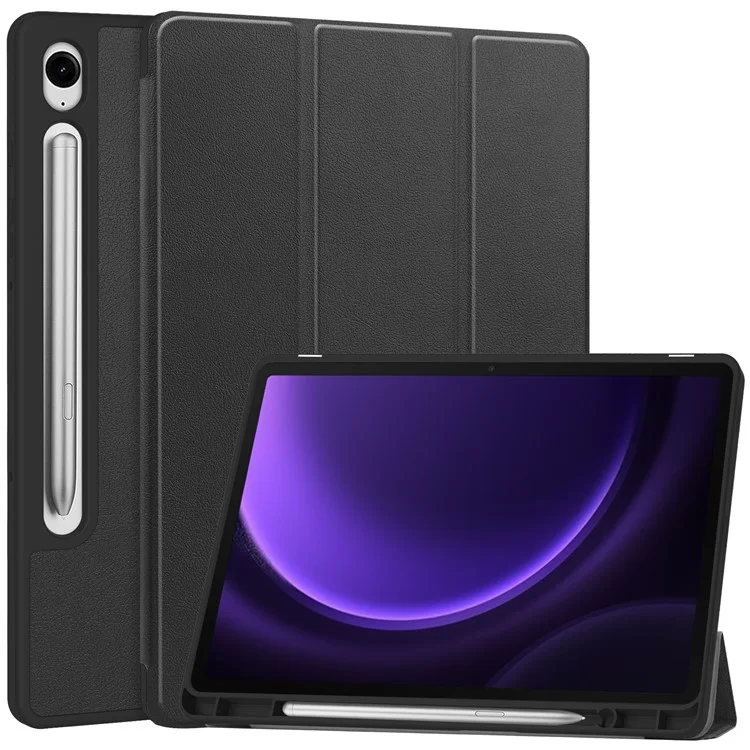 For Samsung Galaxy Tab S10 FE / S9 FE / Tab S9 Smart Case PU Leather+TPU Trifold Stand Tablet Cover with Pencil Holder - Black