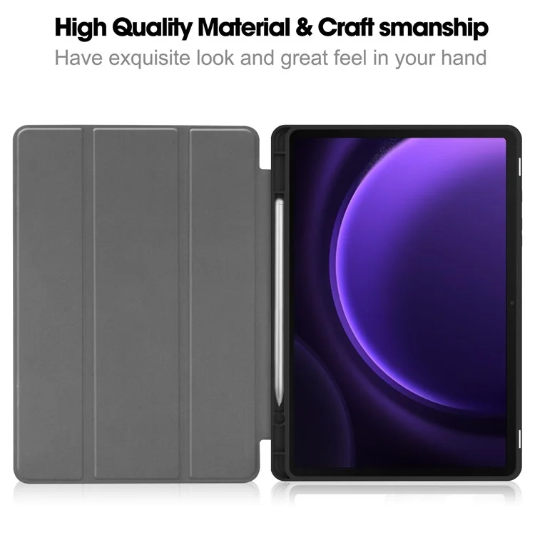 For Samsung Galaxy Tab S10 FE / S9 FE / Tab S9 Smart Case PU Leather+TPU Trifold Stand Tablet Cover with Pencil Holder - Black