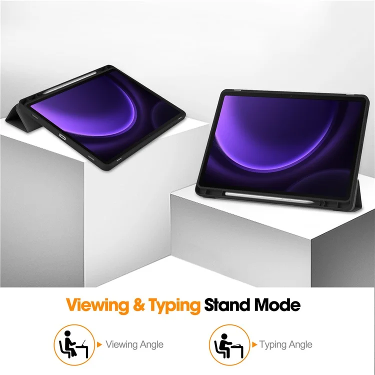 For Samsung Galaxy Tab S10 FE / S9 FE / Tab S9 Smart Case PU Leather+TPU Trifold Stand Tablet Cover with Pencil Holder - Black