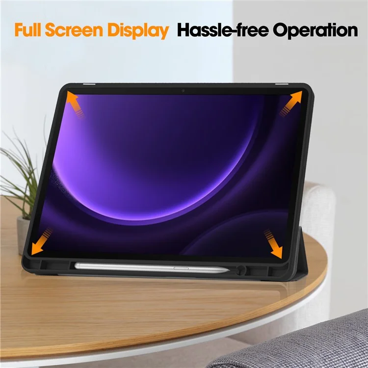 For Samsung Galaxy Tab S10 FE / S9 FE / Tab S9 Smart Case PU Leather+TPU Trifold Stand Tablet Cover with Pencil Holder - Black