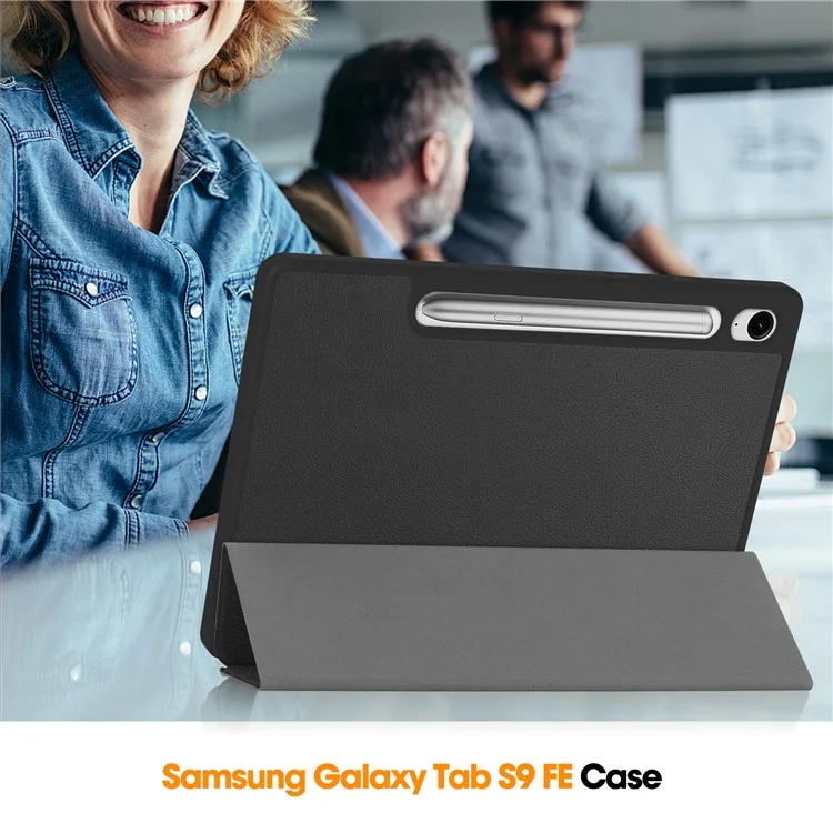 For Samsung Galaxy Tab S10 FE / S9 FE / Tab S9 Smart Case PU Leather+TPU Trifold Stand Tablet Cover with Pencil Holder - Black