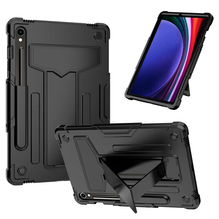 Para Samsung Galaxy Tab S9 / Tab S9 FE Protective Case T-Shaped Kickstand PC+Silicone Tablet Cover - Preto