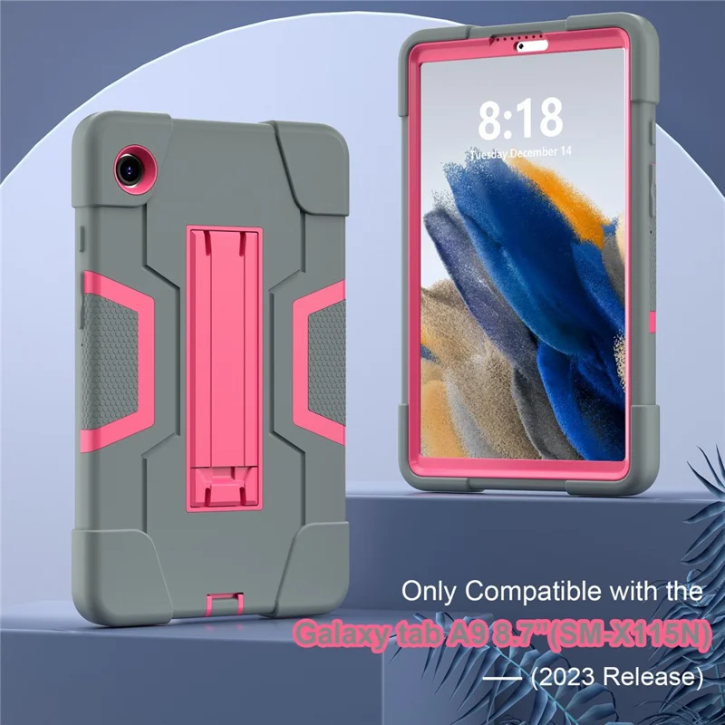 For Samsung Galaxy Tab A9 Kickstand Case Silicone + PC Dual Color Tablet Cover - Grey+Rose PC