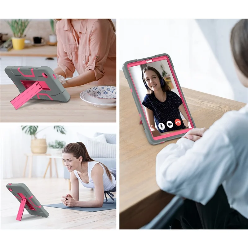 For Samsung Galaxy Tab A9 Kickstand Case Silicone + PC Dual Color Tablet Cover - Grey+Rose PC