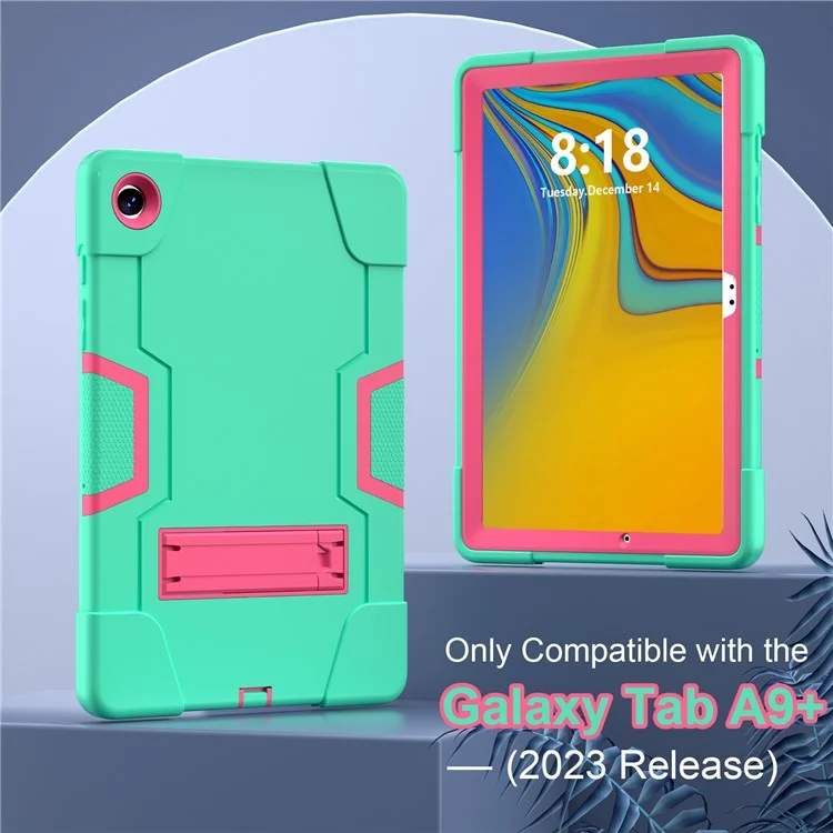 Para Samsung Galaxy Tab A9+ Case Dual Color Silicone + PC Kickstand Cover - Mint Green+Rose PC