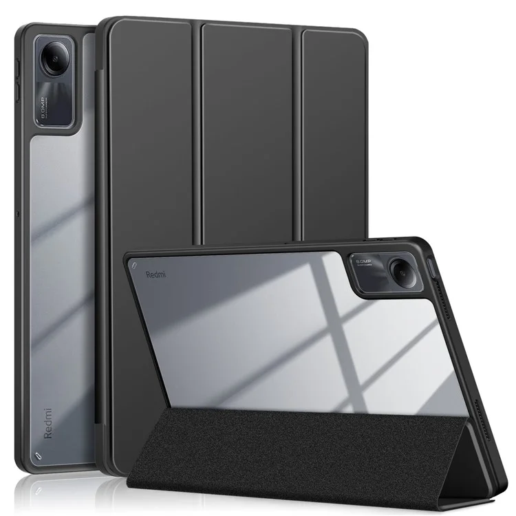 Für Xiaomi Redmi Pad SE Tri-fold Stand Smart Case Leder+TPU+Acryl Tablet Cover mit Stiftfach - Schwarz