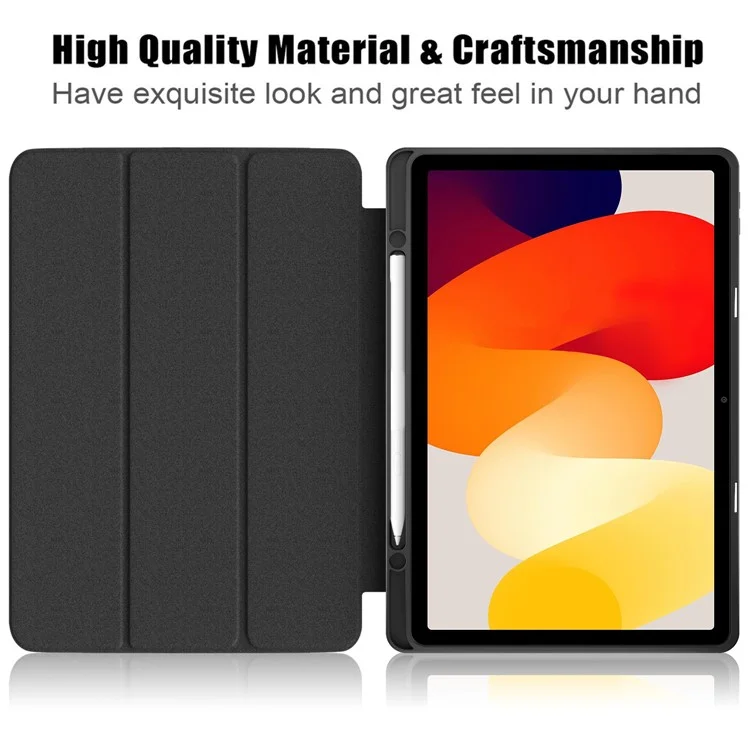 Für Xiaomi Redmi Pad SE Tri-fold Stand Smart Case Leder+TPU+Acryl Tablet Cover mit Stiftfach - Schwarz