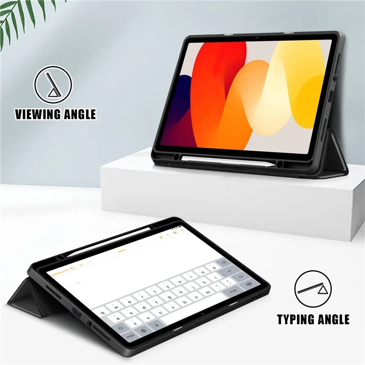 Für Xiaomi Redmi Pad SE Tri-fold Stand Smart Case Leder+TPU+Acryl Tablet Cover mit Stiftfach - Schwarz