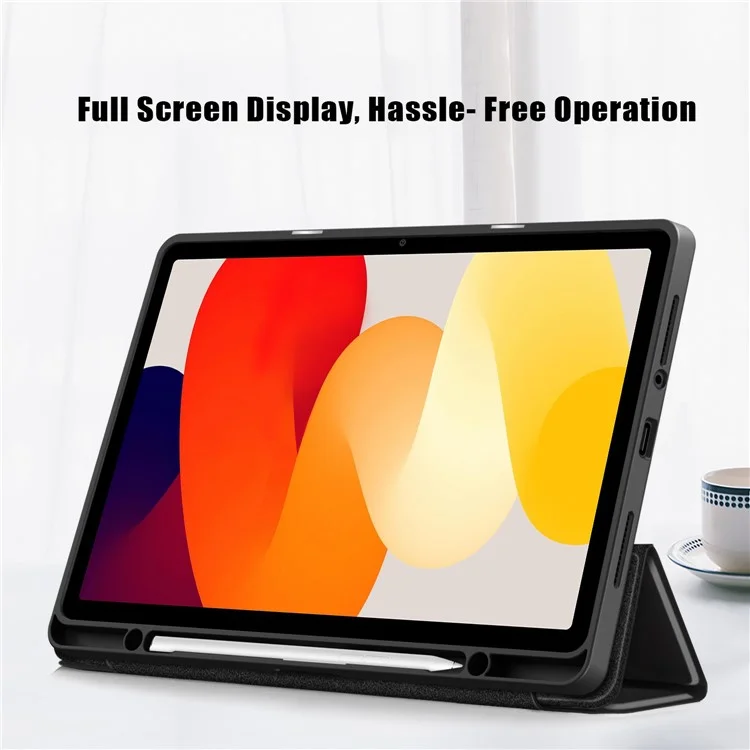 Für Xiaomi Redmi Pad SE Tri-fold Stand Smart Case Leder+TPU+Acryl Tablet Cover mit Stiftfach - Schwarz