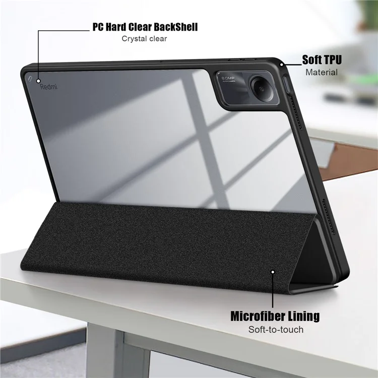Für Xiaomi Redmi Pad SE Tri-fold Stand Smart Case Leder+TPU+Acryl Tablet Cover mit Stiftfach - Schwarz