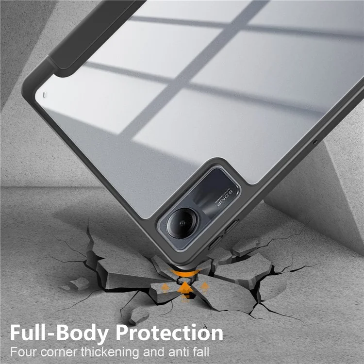 Für Xiaomi Redmi Pad SE Tri-fold Stand Smart Case Leder+TPU+Acryl Tablet Cover mit Stiftfach - Schwarz
