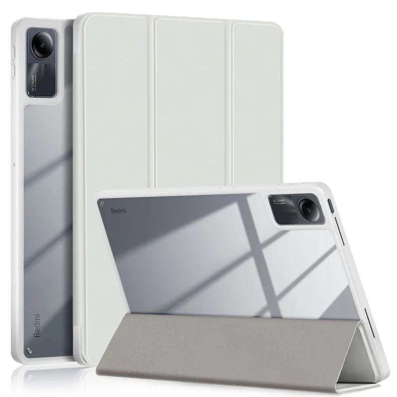 For Xiaomi Redmi Pad SE Tri-fold Stand Smart Case Leather+TPU+Acrylic Tablet Cover with Pen Slot - Grey