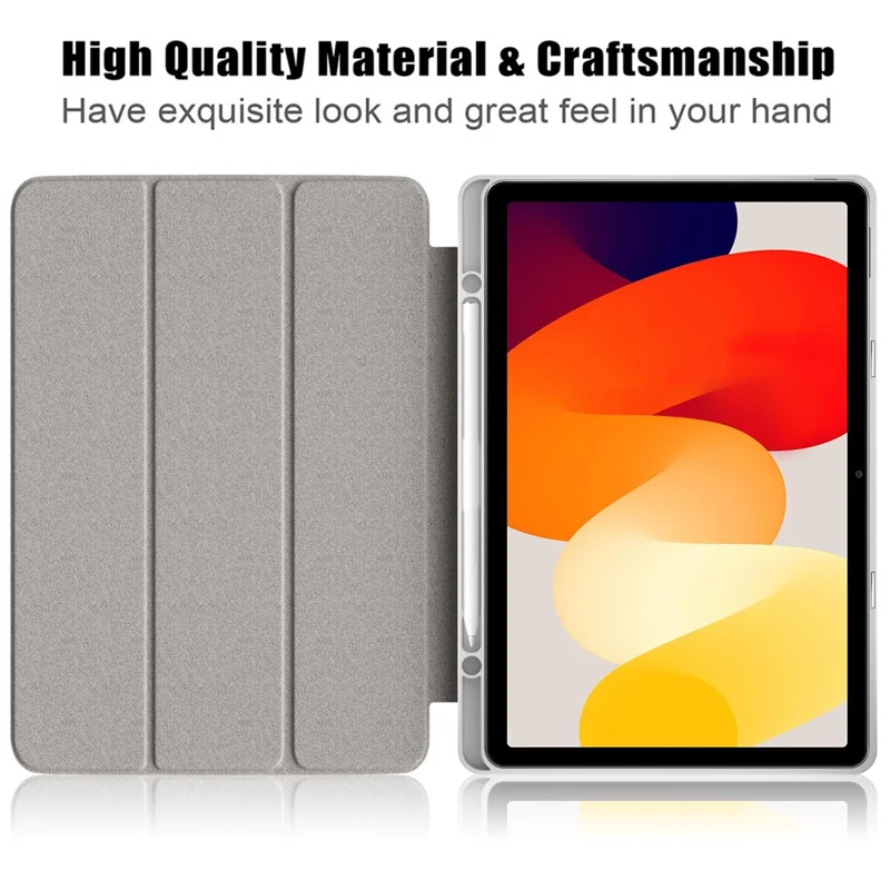 For Xiaomi Redmi Pad SE Tri-fold Stand Smart Case Leather+TPU+Acrylic Tablet Cover with Pen Slot - Grey